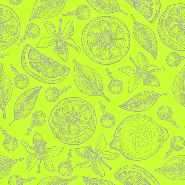 Patrón sin costuras con limones, flores y hojas sobre fondo de color verde lima. Vector dibujado a mano patrón. Bueno para el diseño de embalaje, industria textil, fondos de pantalla y fondos . — Vector de stock