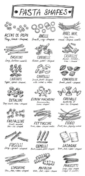 Des pâtes. Ensemble de pâtes vectorielles. Illustration graphique à la main . — Image vectorielle