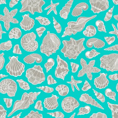 El ile Seamless Modeli çizilmiş kabukları ve starfishes. Deniz tema. Vektör grafik illüstrasyon.