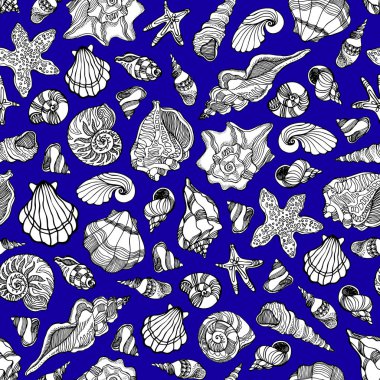 El ile Seamless Modeli çizilmiş kabukları ve starfishes. Deniz tema. Vektör grafik illüstrasyon.