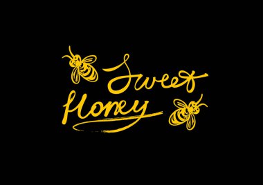 Styliyzed arı ile tatlı bal logo. Vektör el çizilen illüstrasyon.