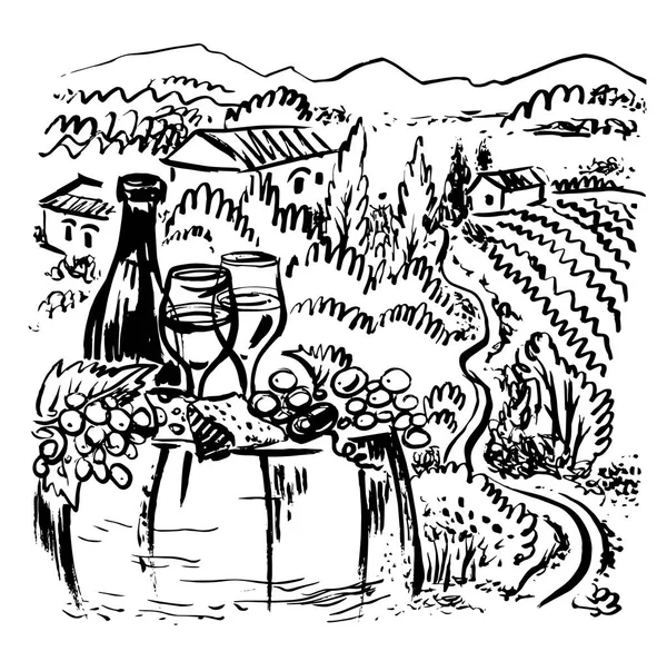 Tuscany manzara. Grafik illüstrasyon vektör el çekilmiş.