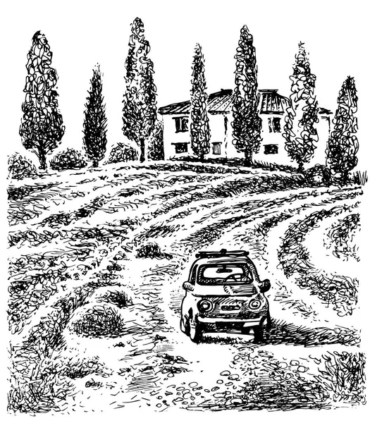 Toskana Landschaft Mit Retro Auto Vektor Hand Gezeichnete Grafische Illustration — Stockvektor