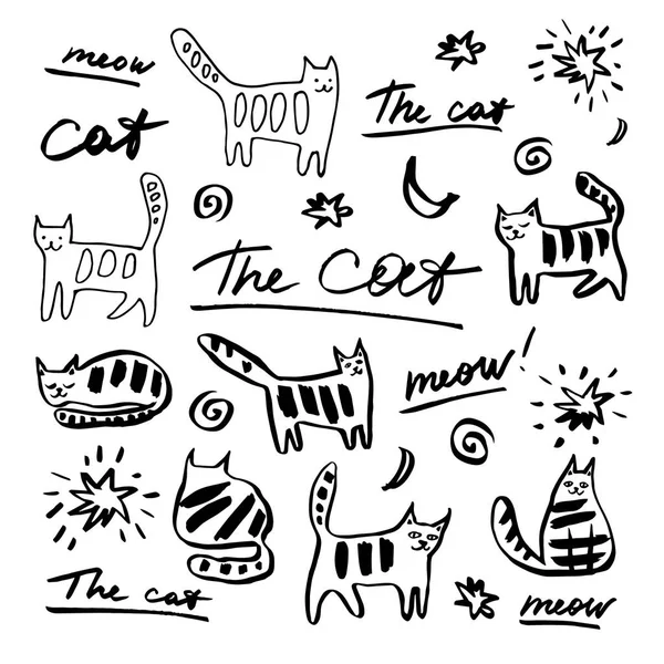 Set Cats Vector Hand Drawn Graphic Illustration — Stock Vector