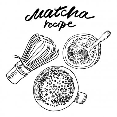 Matcha çay. Grafik illüstrasyon vektör el çekilmiş.