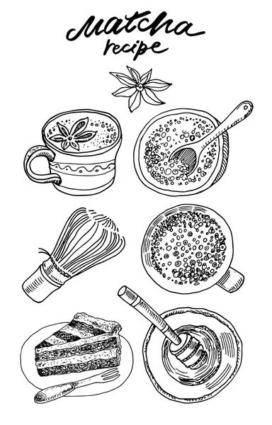 Matcha-Tee. Vektor Hand gezeichnete grafische Illustration. — Stockvektor