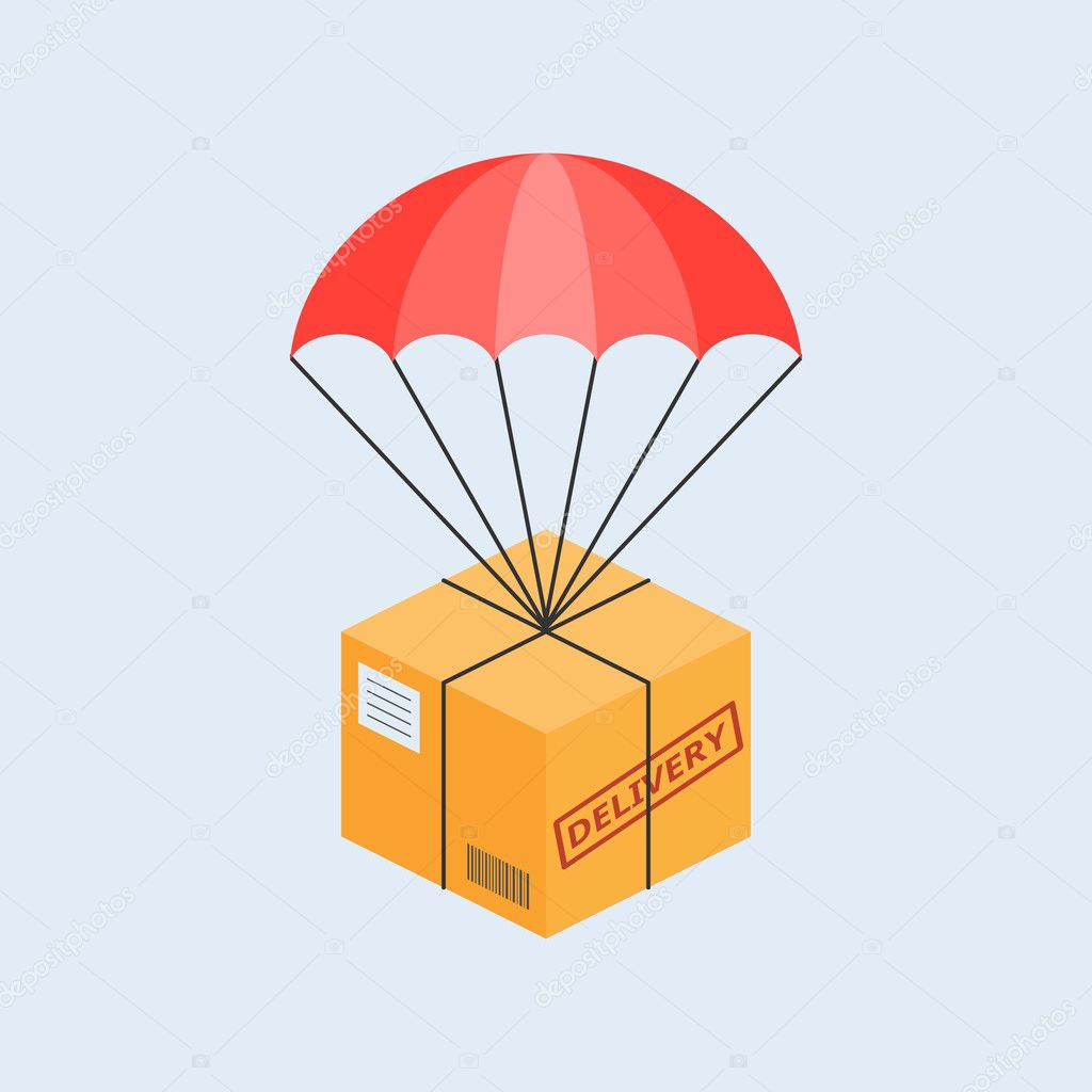 delivery service concept illustration vector, parcel with parachute for shipping, flat design vector