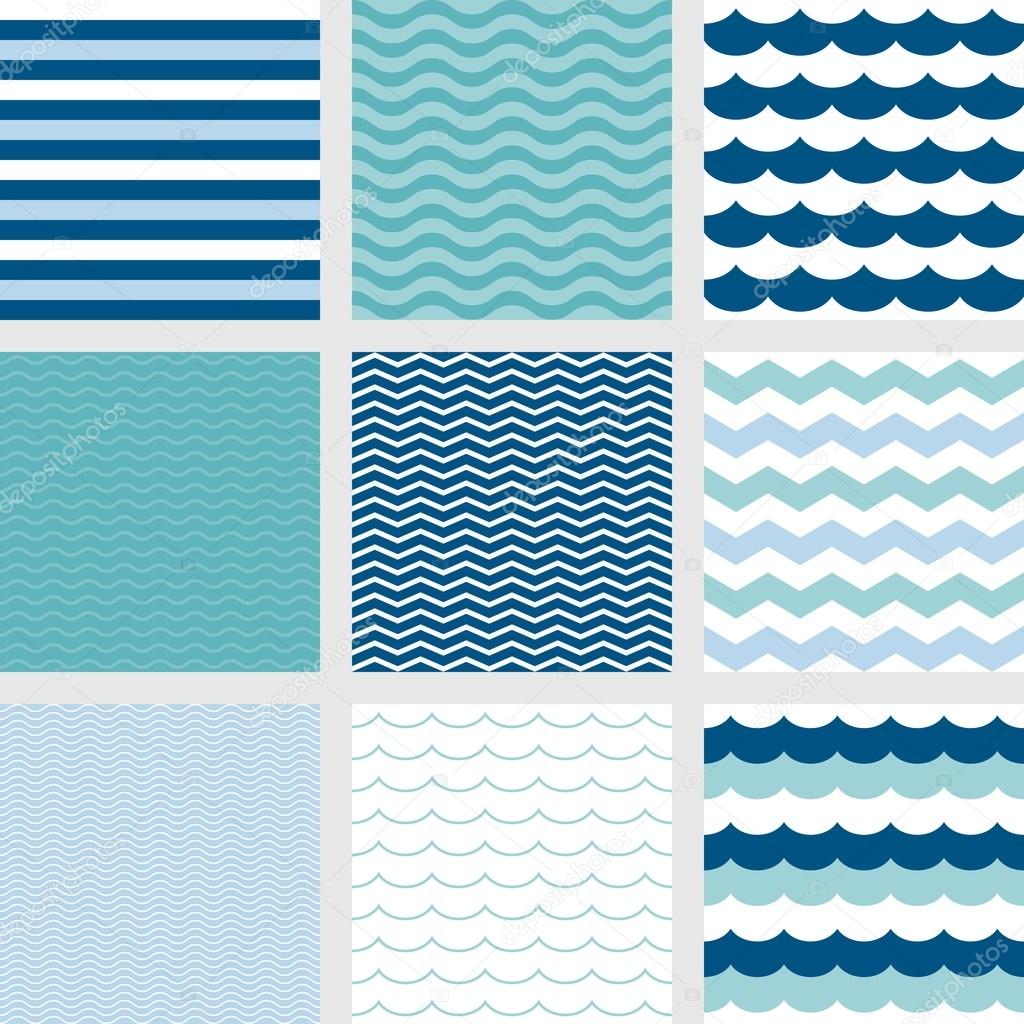Stripe, navy blue wave, zig zag pattern, fish scale pattern and wave