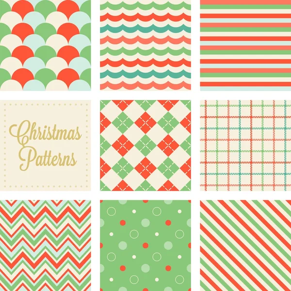 Christmas sömlösa mönster i vintagestil, våg, tattersall, sicksack, dot, diagonal rand, fisk skala, sea wave, argyle — Stock vektor