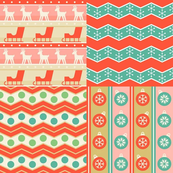 Fondo de pantalla de patrón sin costuras de bola de Navidad, copos de nieve, renos de Navidad, trineo, línea en zigzag, diseño para tarjeta de felicitación, regalo de papel de envolver, telón de fondo en estilo retro — Vector de stock