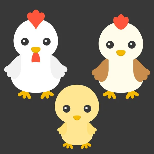 Tavuk, tavuk ve horoz çizgi film karakteri, düz tasarım — Stok Vektör