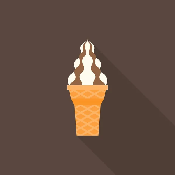 Suave servir icono de helado con cobertura de chocolate y cono de gofre, vector de diseño plano — Vector de stock
