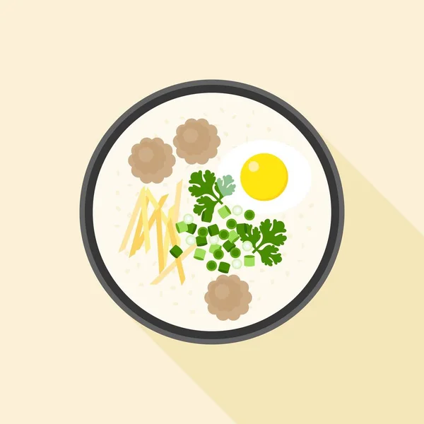 Riz chinois à la porridge, Hong kong Congee avec œuf étuvé et porc haché dans un bol, cuisine asiatique, vecteur de design plat — Image vectorielle