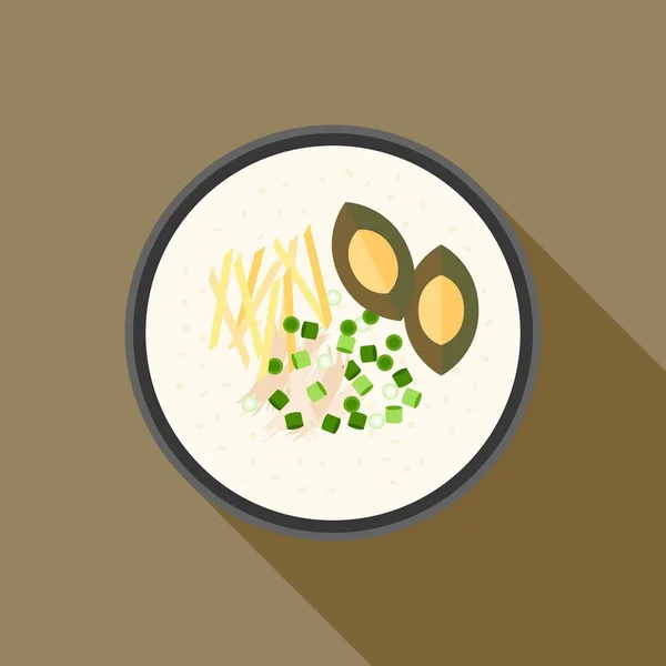 Riz au porridge chinois, Hong kong Congee au poulet et oeuf en conserve dans un bol, cuisine asiatique, vecteur de design plat — Image vectorielle