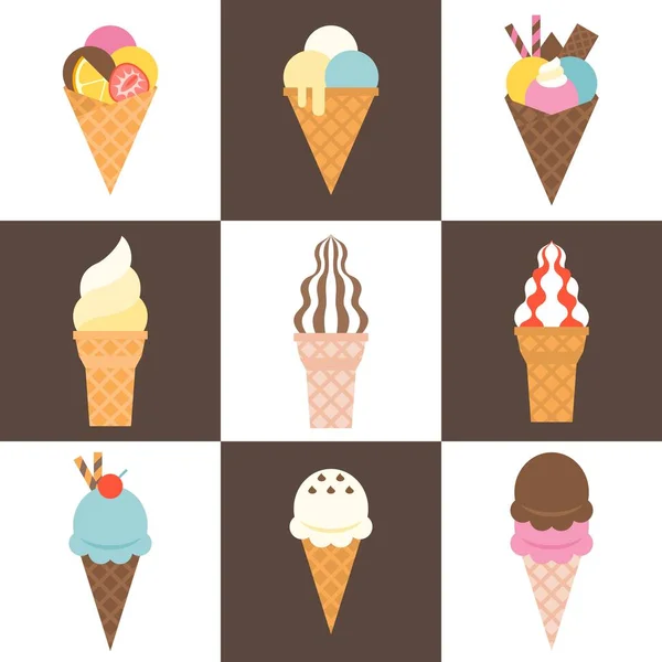 Helado de servir suave, cono de helado con cobertura y waffle en varios sabor y sabor, vector icono de diseño plano — Vector de stock