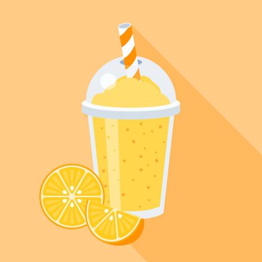 Portakallı gazoz vektör çizim ile meyve, saman, düz çizmek ile uzun gölge ile plastik çim portakal suyu