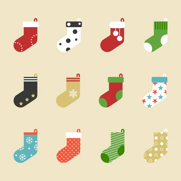 Socken-Ikone, bunte Socken-Kollektion für den Weihnachtsurlaub, flaches Design — Stockvektor