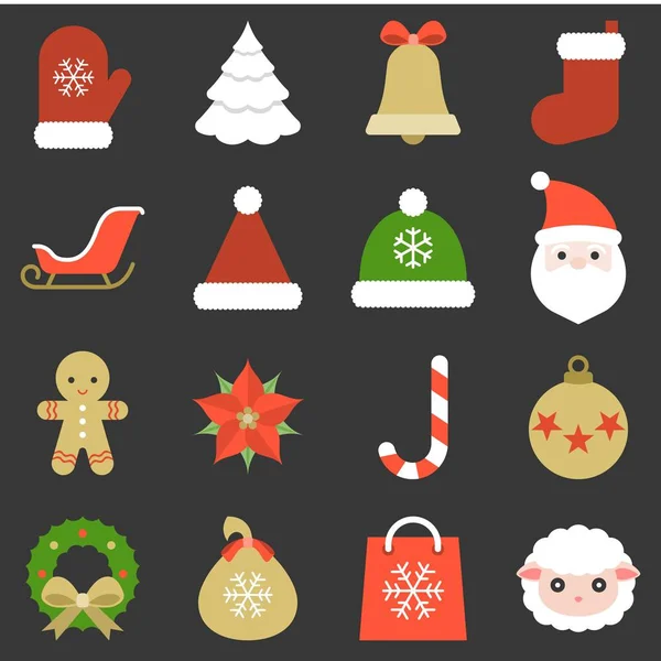 Kerst pictogram, ornamenten en decoratie, platte ontwerp met lange schaduw — Stockvector