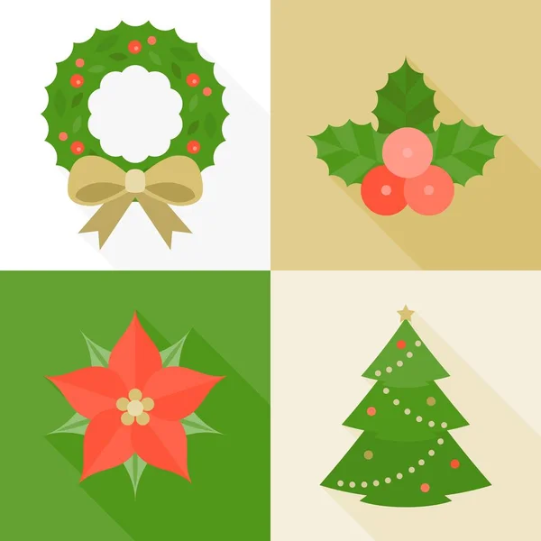 Weihnachtsschmuck flach mit langem Schatten, Kiefer, Kranz, Mistel, Weihnachtsblume — Stockvektor