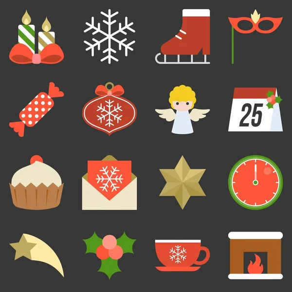 Kerst pictogram, ornamenten en decoratie, platte ontwerp met lange schaduw — Stockvector