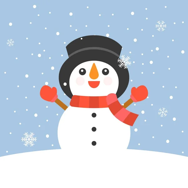 Muñeco de nieve con manopla, sombrero, bufanda levantándose brazos en fondo nevado — Vector de stock