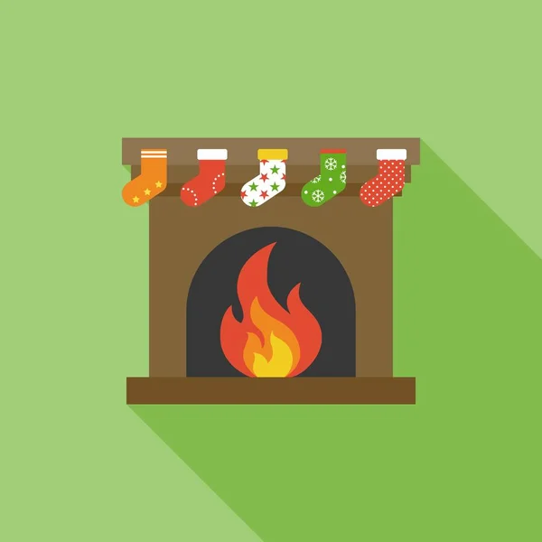 Lareira e meias de Natal penduradas na frente do local de fogo, vetor de design plano — Vetor de Stock