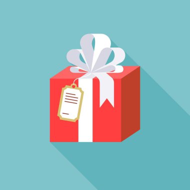 Şerit ve kağıt etiket, hediye kutusu illüstrasyon, düz çizmek ile uzun gölge ile mevcut kutusu