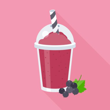 Siyah frenk üzümü güler yüzlü vektör çizim, meyve suyu, düz tasarımı uzun gölge ile uyum