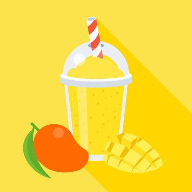 Dilim mango, düz çizmek ile uzun gölge ile mango smoothie vektör çizim