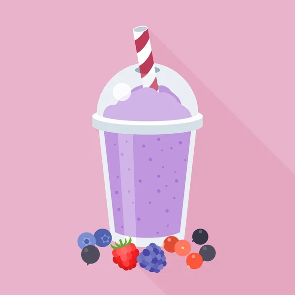 Illustration vectorielle smoothie aux baies mélangées et myrtille, cassis, groseille rouge, framboises, mûre, mélange de jus en verre plastique, design plat avec ombre longue — Image vectorielle