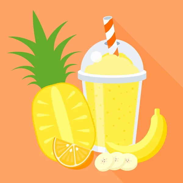 Векторная иллюстрация с фруктами, сосновым яблоком, бананом, апельсином, плоским дизайном с длинной тенью — стоковый вектор