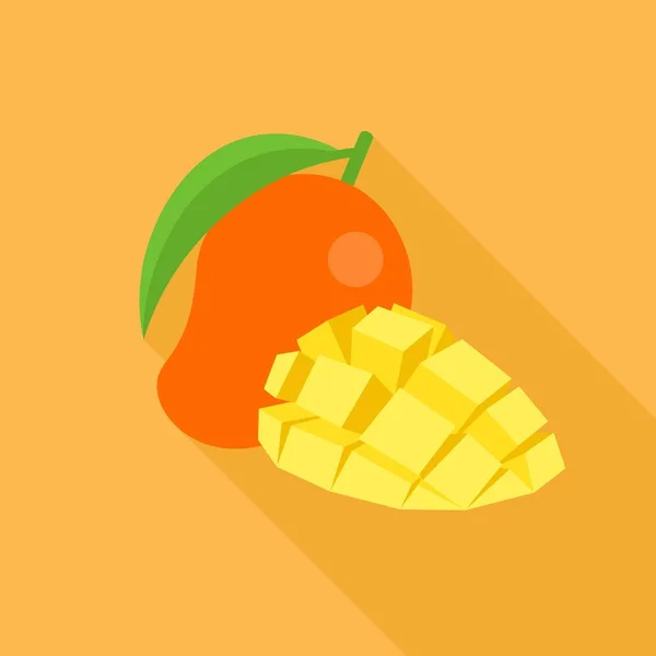 Mango ikona a část nakrájené mango s dlouhý stín, plochý design vektor — Stockový vektor