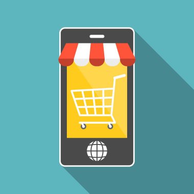 Alışveriş sepeti ve dünya düğmesi, iş ve e ticaret kavramı, düz tasarım ile akıllı telefon vektör