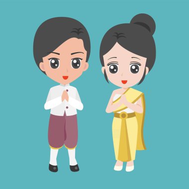 Vektör çizgi film erkek ve dişi Tay geleneksel kostüm, düz tasarım elbise