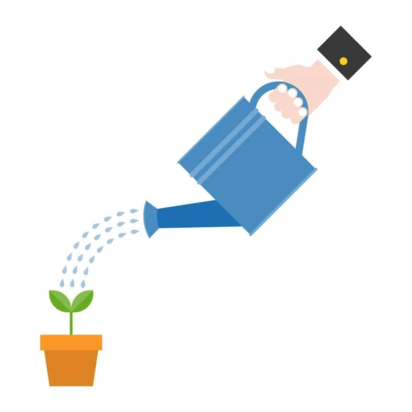 Vector hand holding watering can watering plant in pot, business concept, flat design — Stock Vector