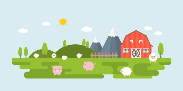 Información gráfica y elementos de los paisajes agrícolas con ovejas, cerdos, granero y fondo natural, ilustración vectorial de diseño plano — Vector de stock