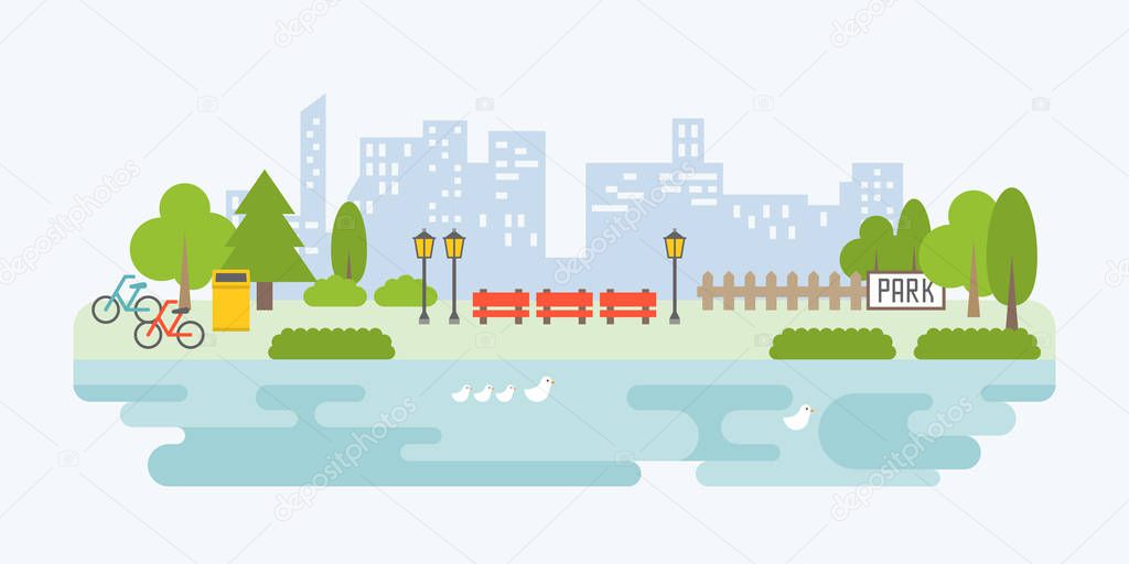 Info graphic and elements of public park in city with building background, flat design vector illustration 