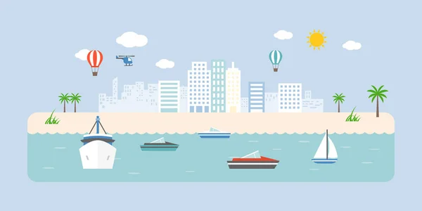 Info graphic and elements of town, transportation in sea, beach and coastal landscapes, flat design vector illustration — Stock Vector