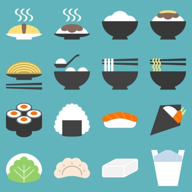 Japonya gıda simge, soba, sosu, yakisoba, suşi, mochi, onigiri, temaki, düz tasarım