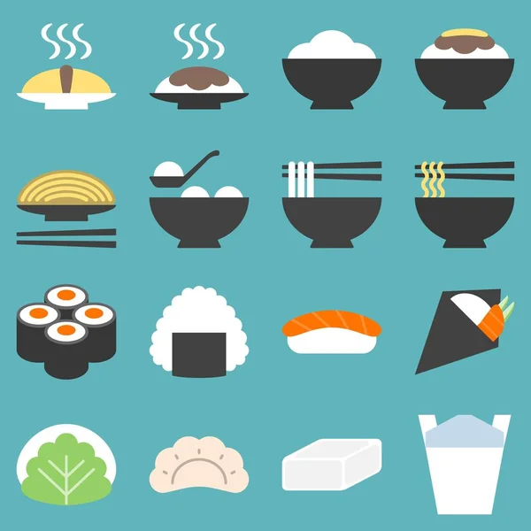 Japan food icon, soba, gyoza, yakisoba, sushi, mochi, onigiri, temaki, flat design — Stock Vector