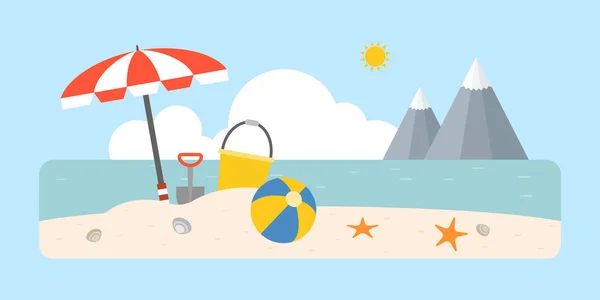 Escena de playa con pala y cubo, pelota de playa, sombrilla en el fondo del paisaje costero, diseño plano para el concepto de negocio de vacaciones de viaje — Vector de stock