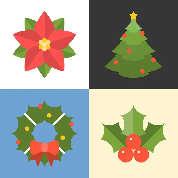 Weihnachtsschmuck flach mit langem Schatten, Kiefer, Kranz, Stechpalme und Weihnachtsstern — Stockvektor