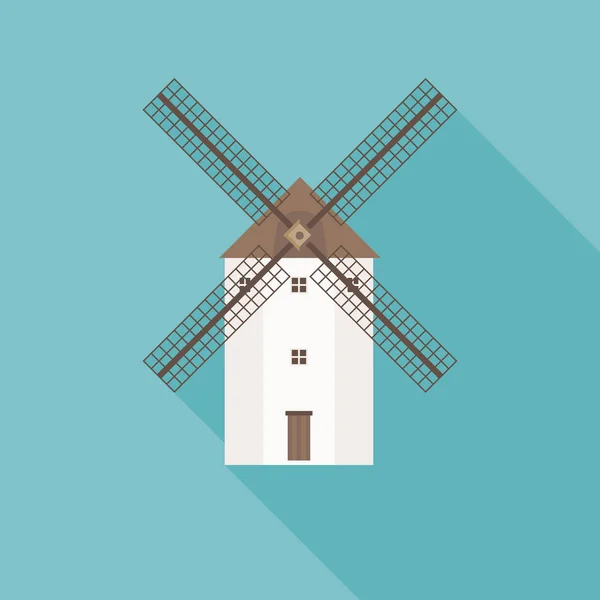 Traditionele Spanje wind molen afbeelding, flat design met lange schaduw — Stockvector