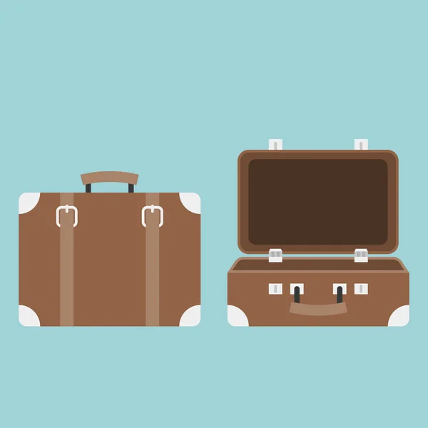 Ilustración de equipaje abierto y cerrado para viajes de negocios en estilo vintage, diseño plano — Vector de stock