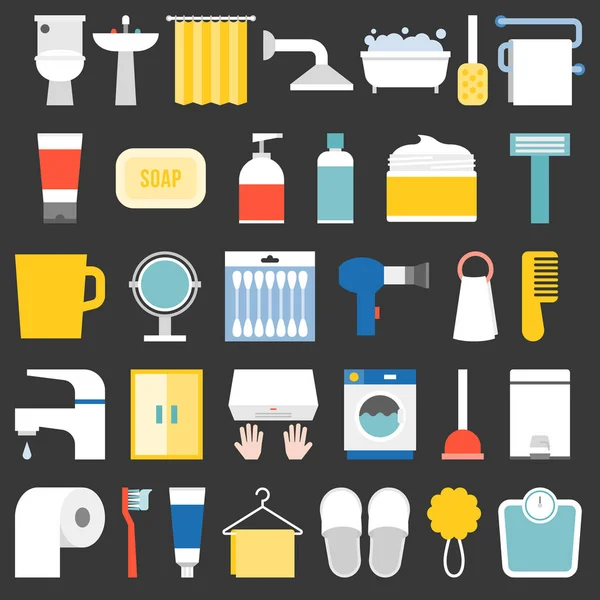 Grote reeks van badkamer item en voorzieningen pictogram, platte ontwerp vector — Stockvector