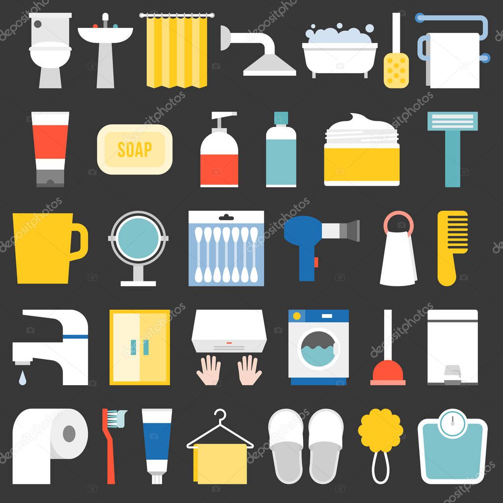 big set of bathroom item and facilities icon, flat design vector