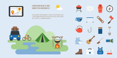 Kamp, hiking, dağcılık faaliyet, düz tasarım vektör simgesi ve öğeleri bilgi grafiği