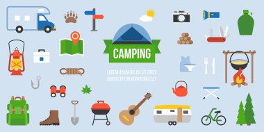 Kamp ekipmanları Infographic, düz tasarım simgesi