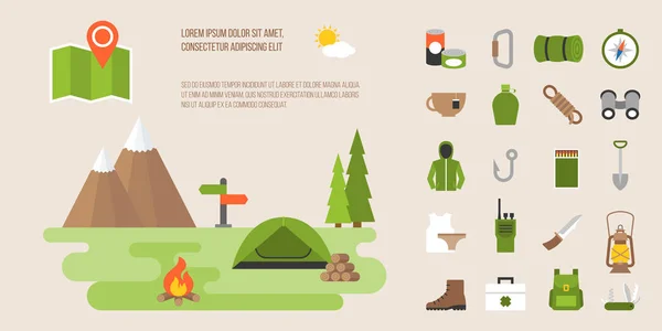 Info gráfico de camping, senderismo, actividad de alpinismo, diseño plano icono vectorial y elementos — Vector de stock