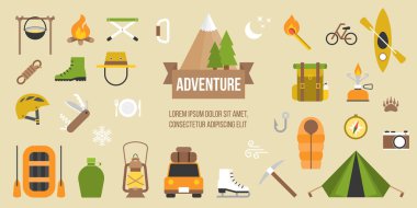 Piktogram faaliyetleri ve aletleri rafting, hiking, kamp, dağcılık, simge ve düz tasarım öğeleri gibi macera